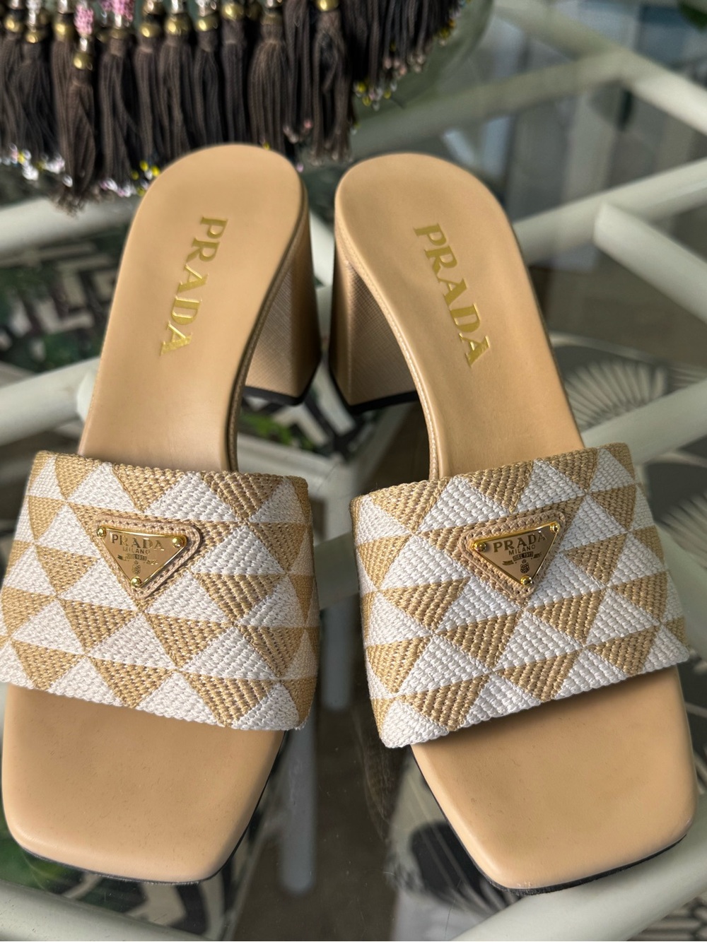 Prada Beige & White Geometric Slide Mules - Picture 2 of 6